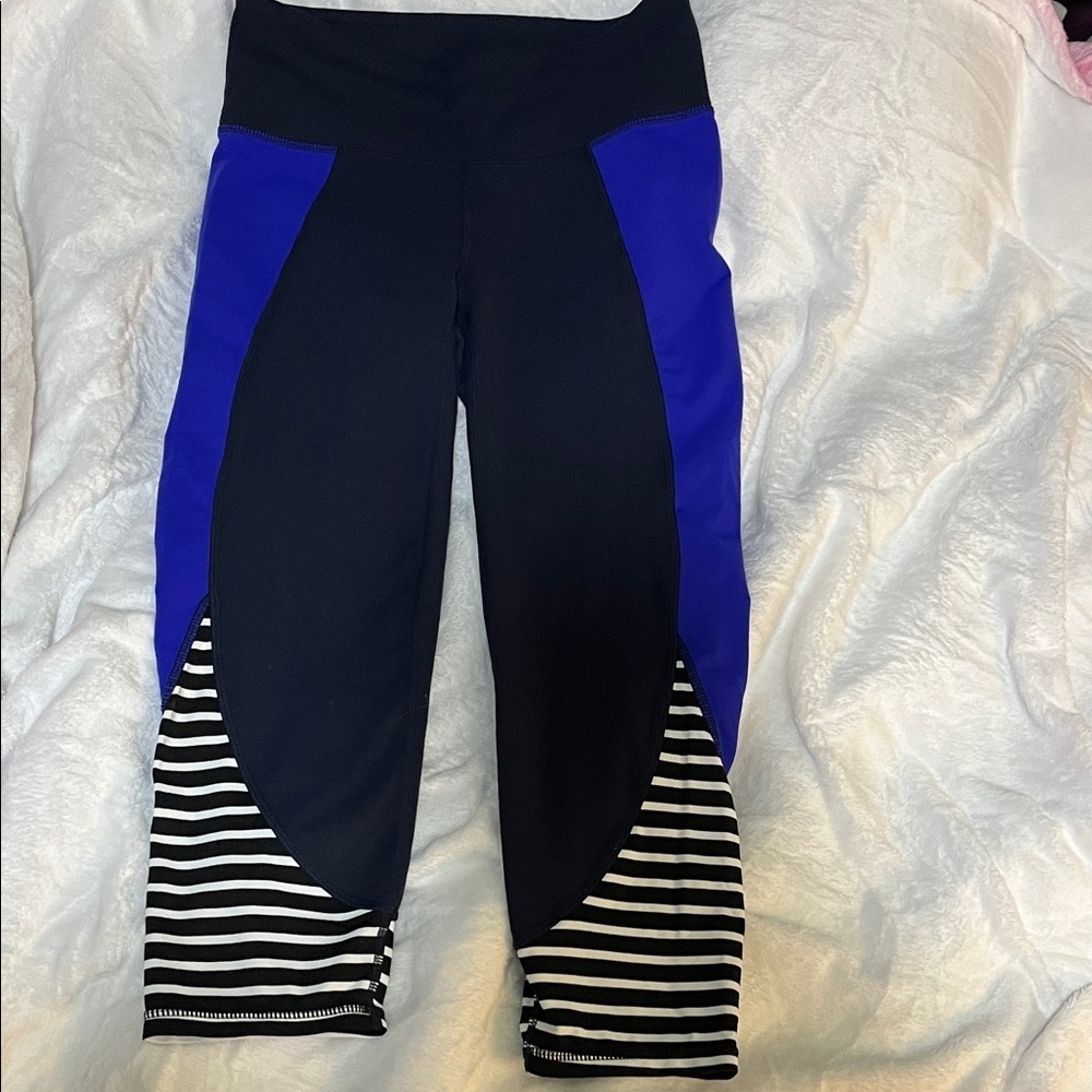 Athleta Black and Blue Capris with Striped Hem
